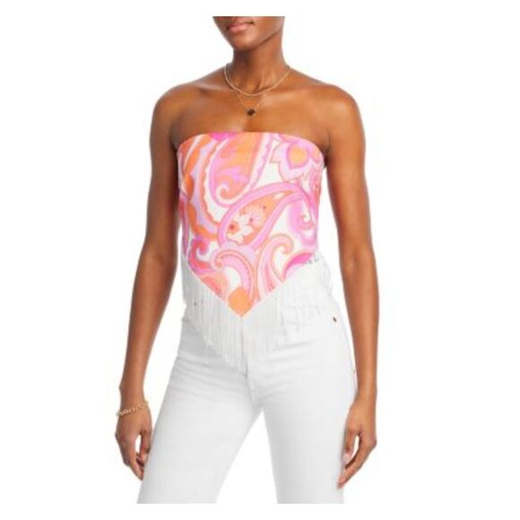 LINE + DOT Tops - LINE + DOT Womens Pink Fringed Lined Scarf Tie Back Sleeveless Strapless Top S